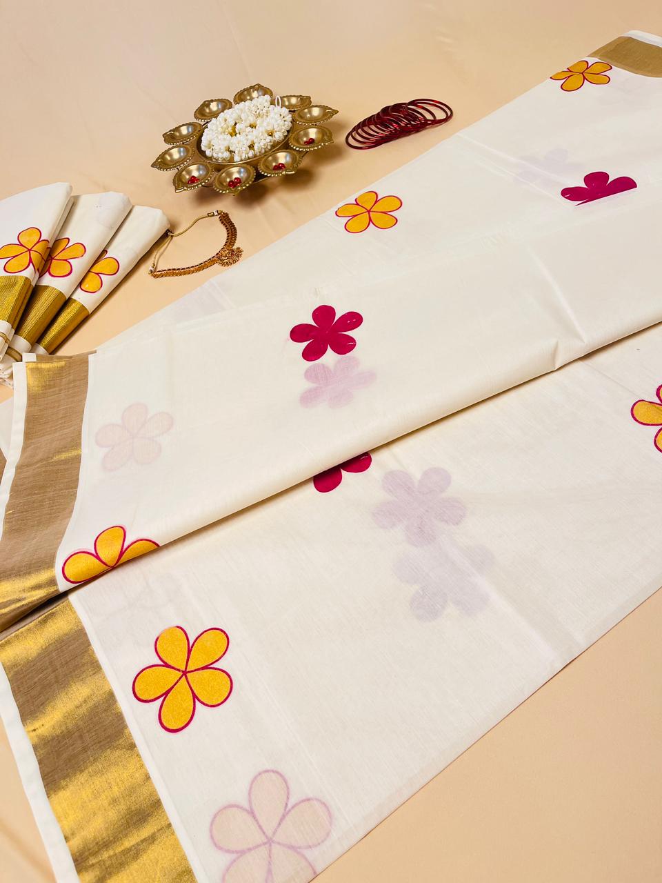 Avanthika Pink&Yellow flower Set Saree