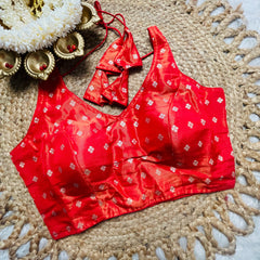 Reddish orange Silk Brocade Blouse with Zari Buttas