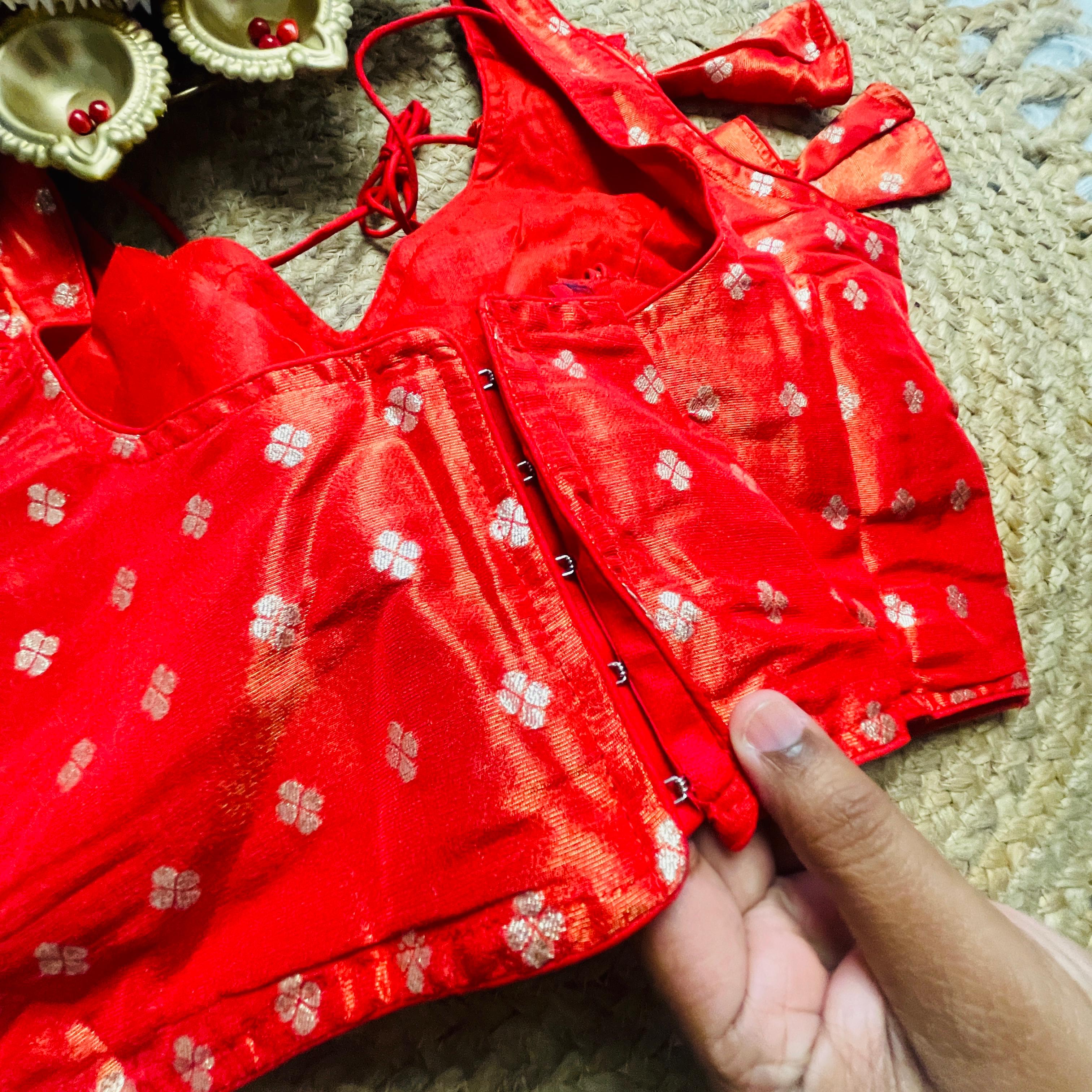Reddish orange Silk Brocade Blouse with Zari Buttas