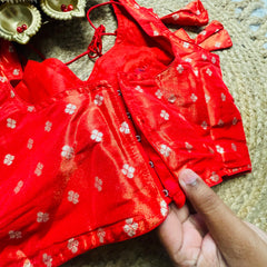 Reddish orange Silk Brocade Blouse with Zari Buttas