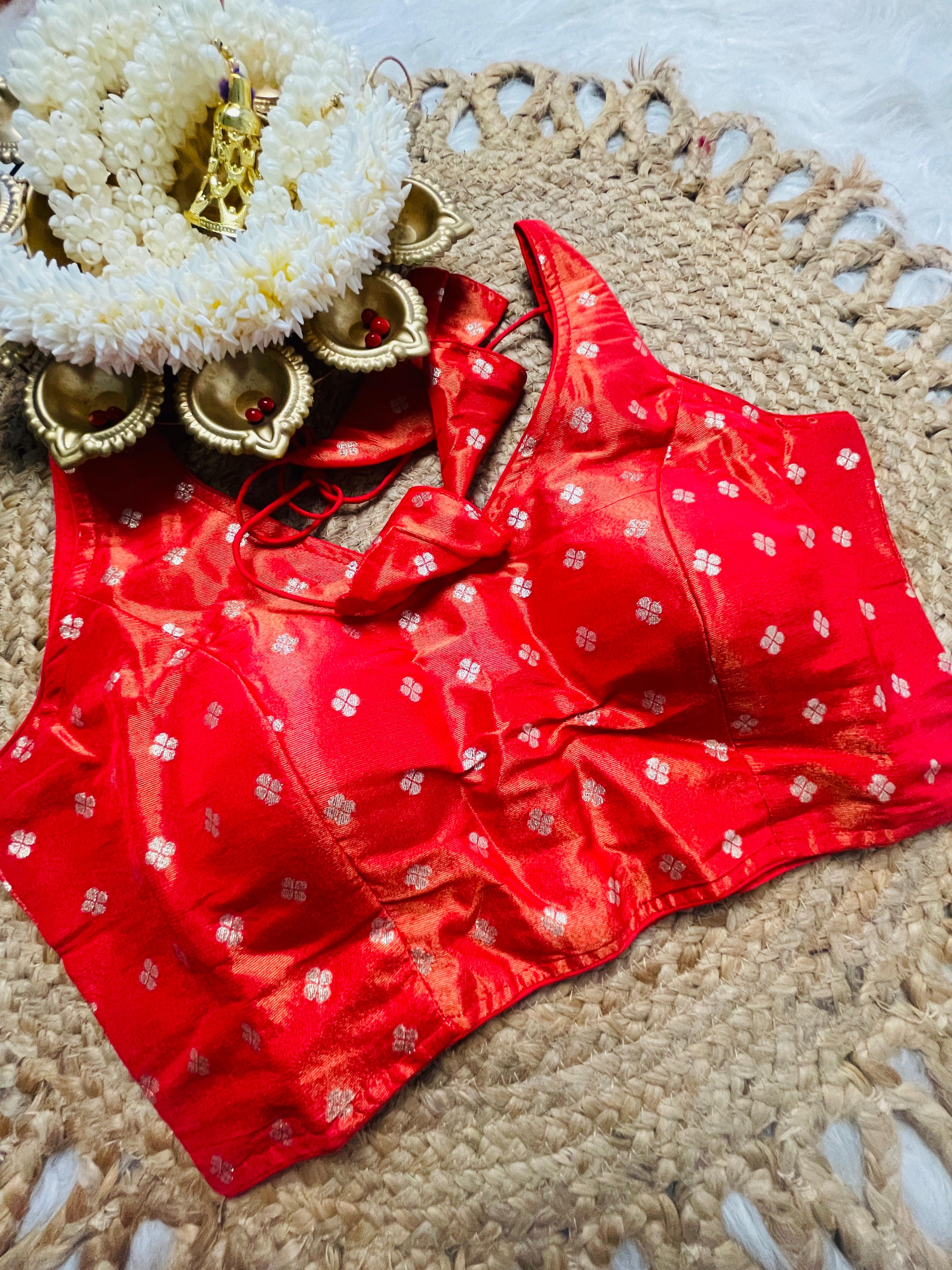 Reddish orange Silk Brocade Blouse with Zari Buttas