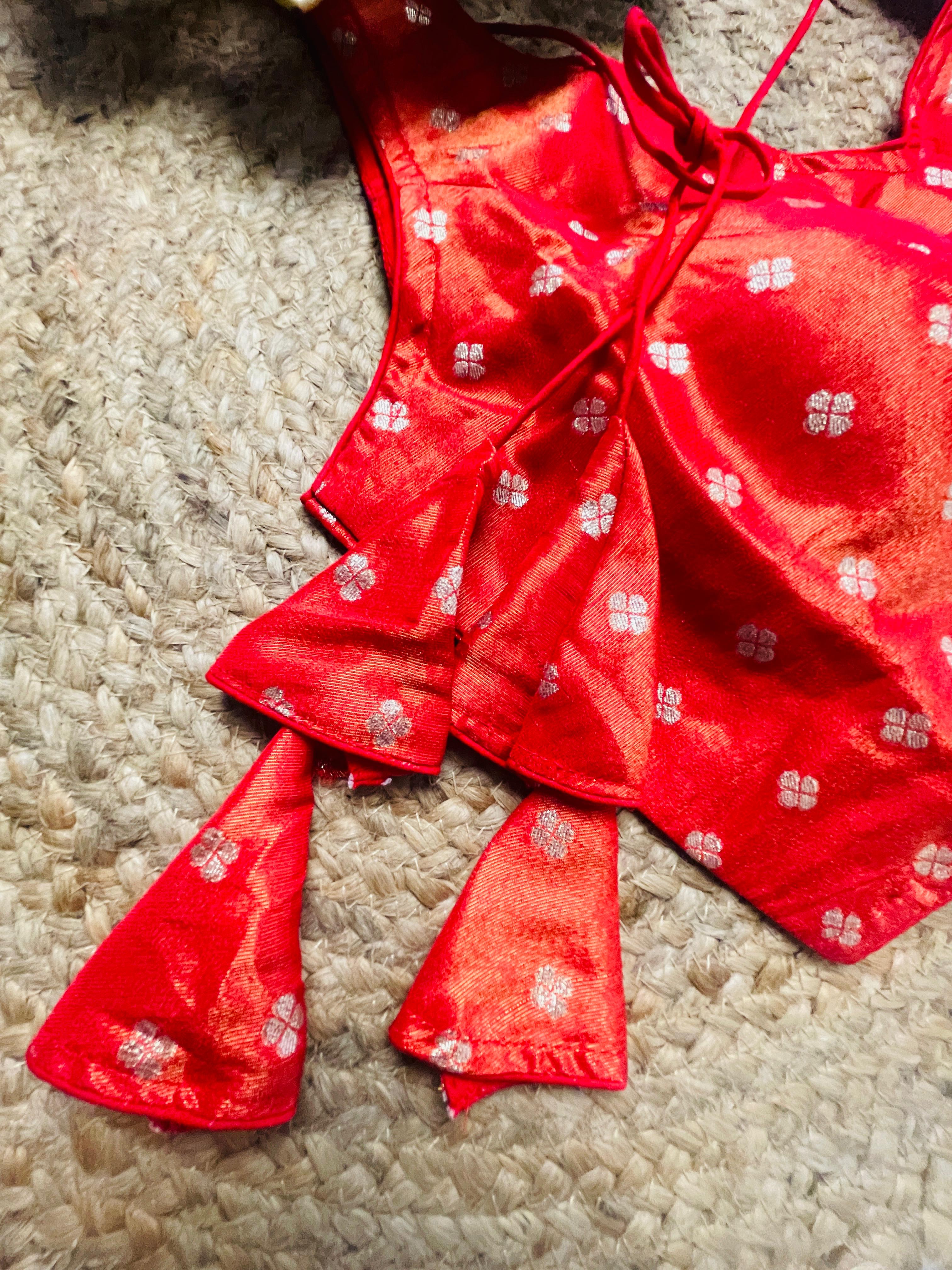 Reddish orange Silk Brocade Blouse with Zari Buttas