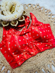 Reddish orange Silk Brocade Blouse with Zari Buttas
