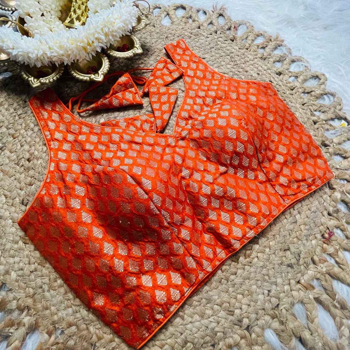 Orange Brocade Blouse with Gold Leaf Motif