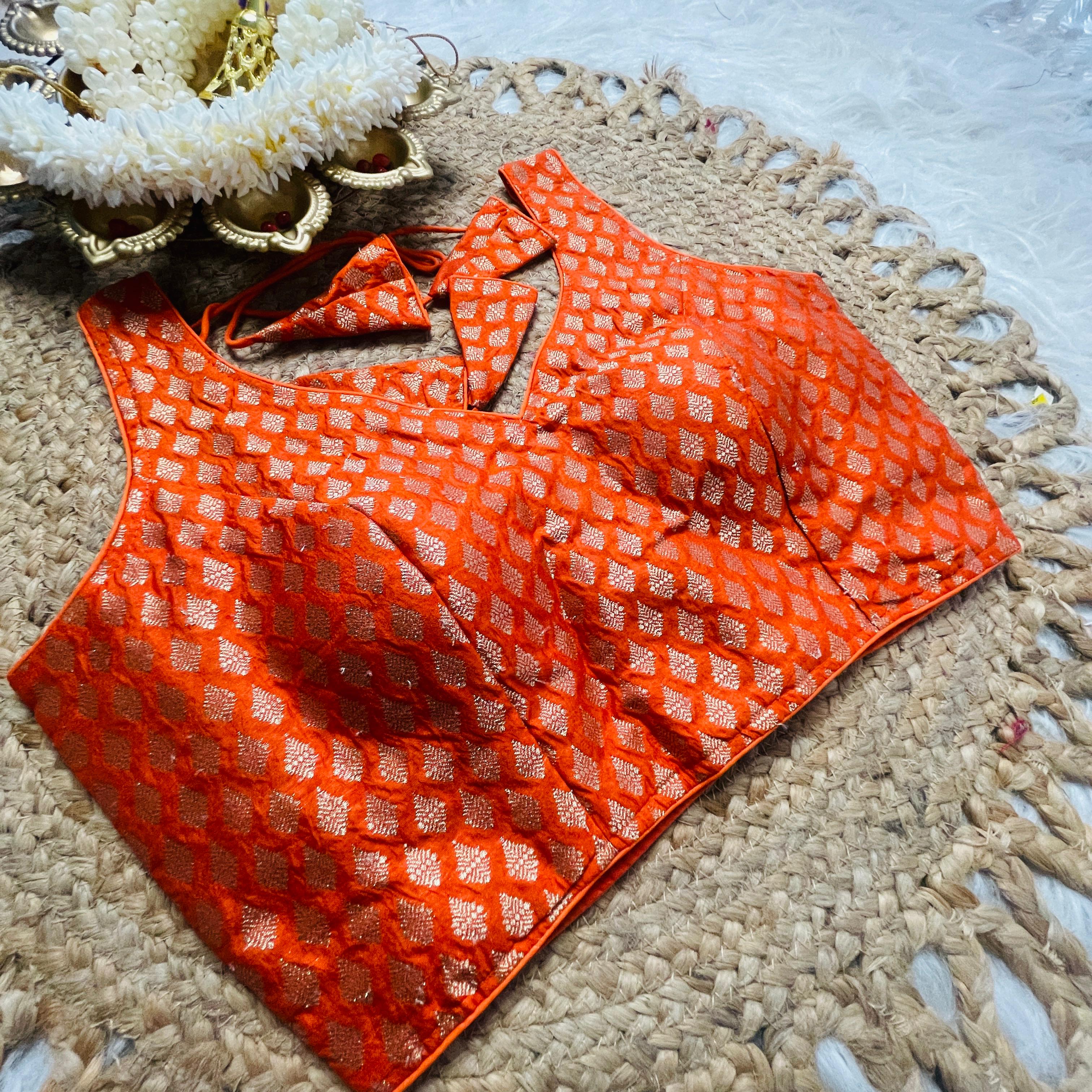 Orange Brocade Blouse with Gold Leaf Motif