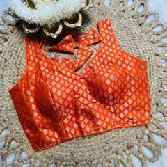 Orange Brocade Blouse with Gold Leaf Motif
