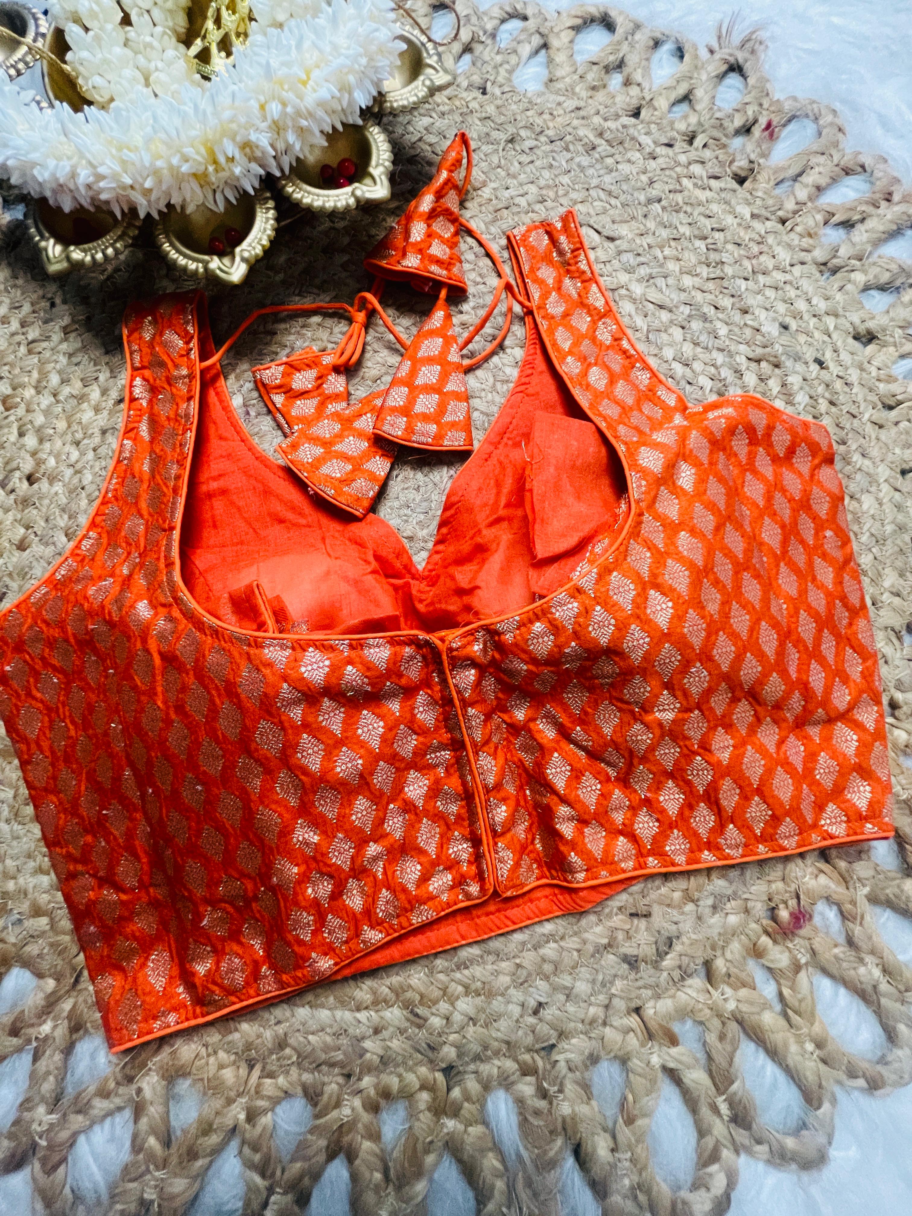 Orange Brocade Blouse with Gold Leaf Motif