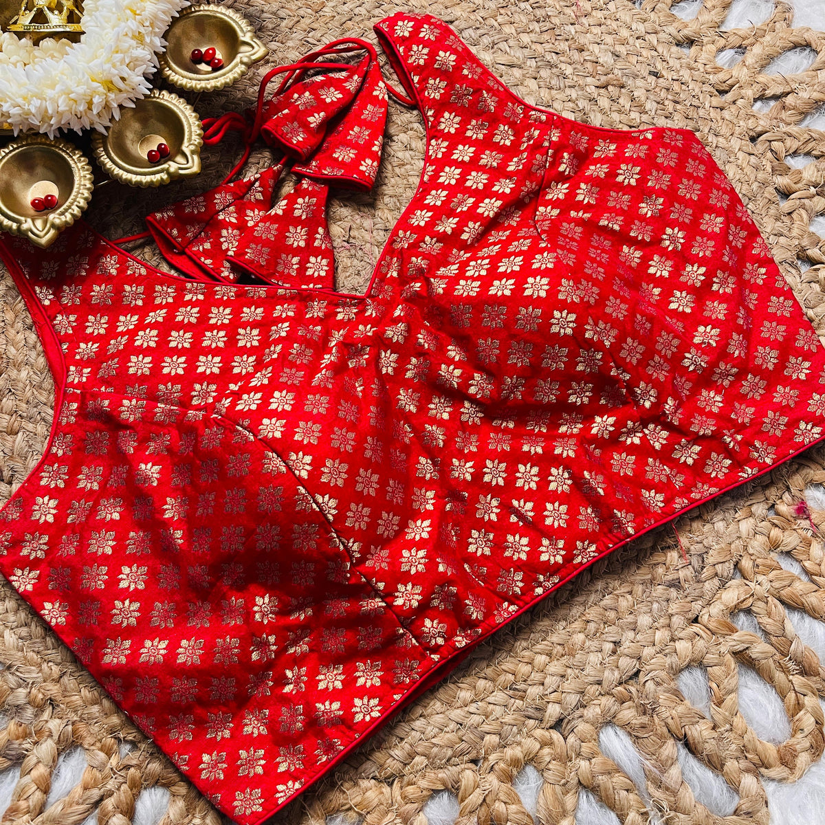 Red Brocade Back Tie-Up Blouse with Zari Floral Motifs