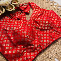 Red Brocade Back Tie-Up Blouse with Zari Floral Motifs