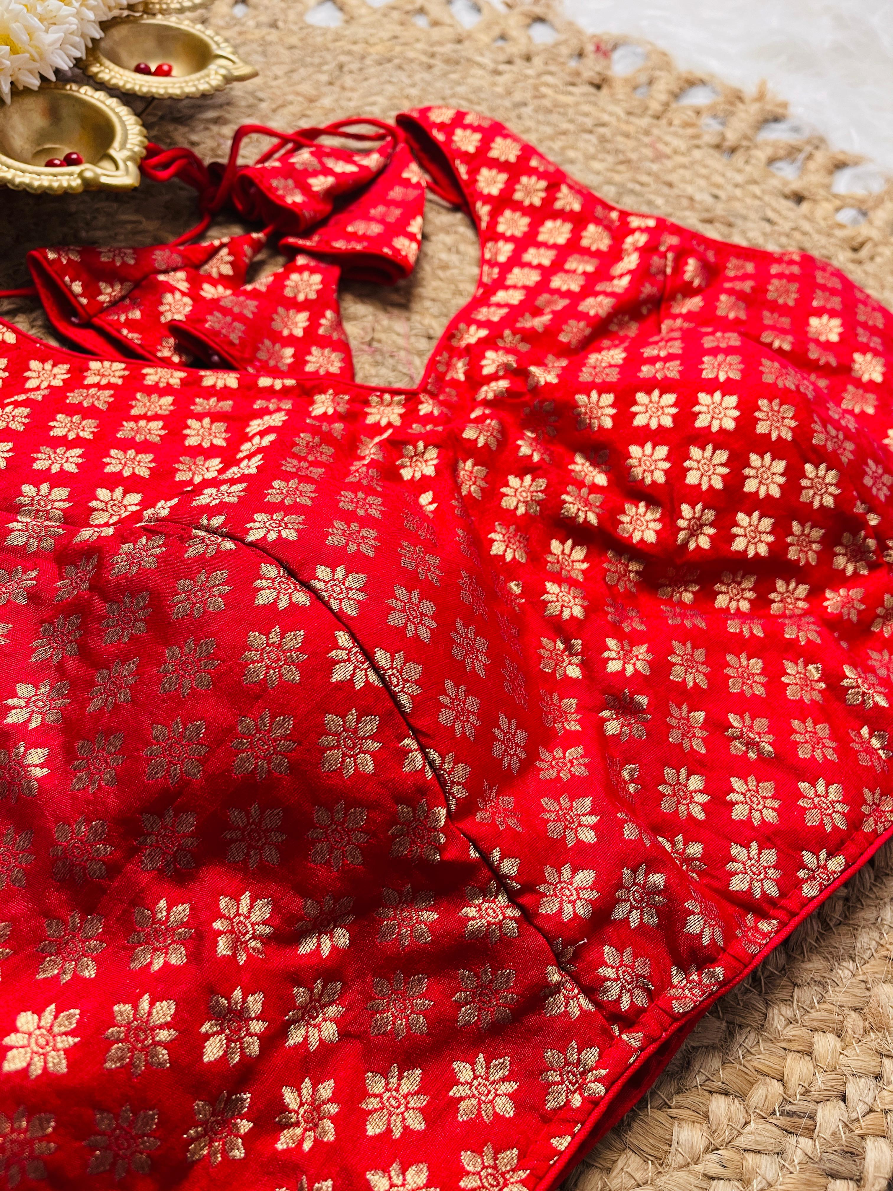 Red Brocade Back Tie-Up Blouse with Zari Floral Motifs