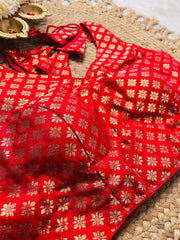 Red Brocade Back Tie-Up Blouse with Zari Floral Motifs