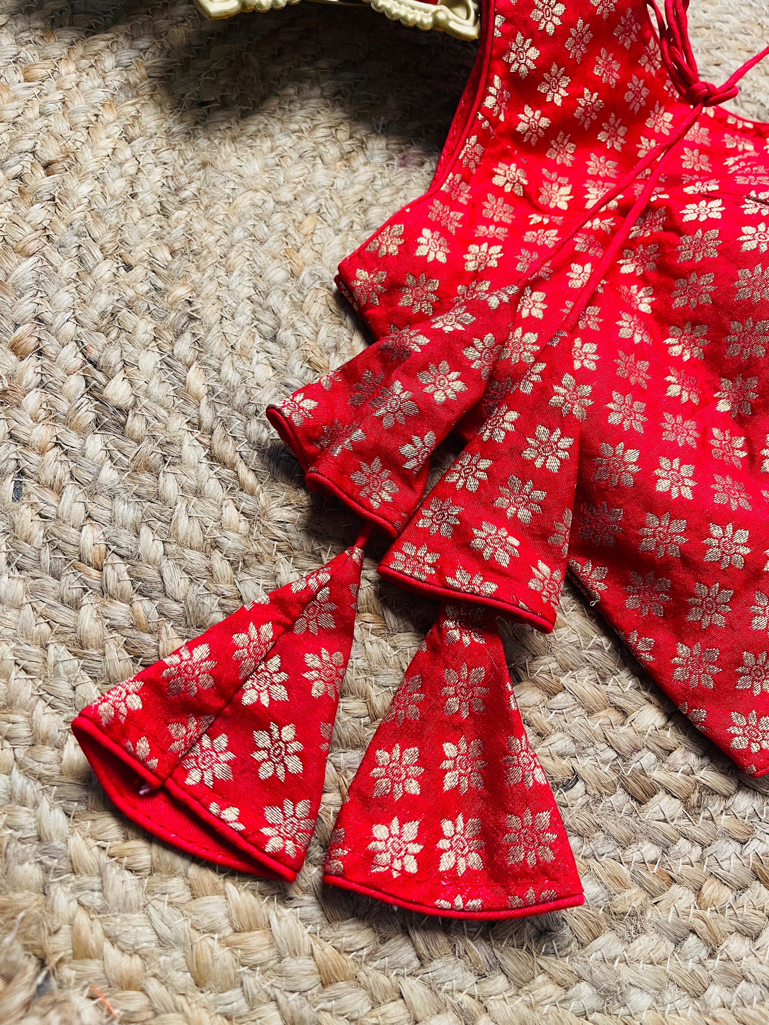 Red Brocade Back Tie-Up Blouse with Zari Floral Motifs