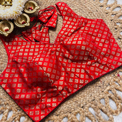 Red Brocade Back Tie-Up Blouse with Zari Floral Motifs