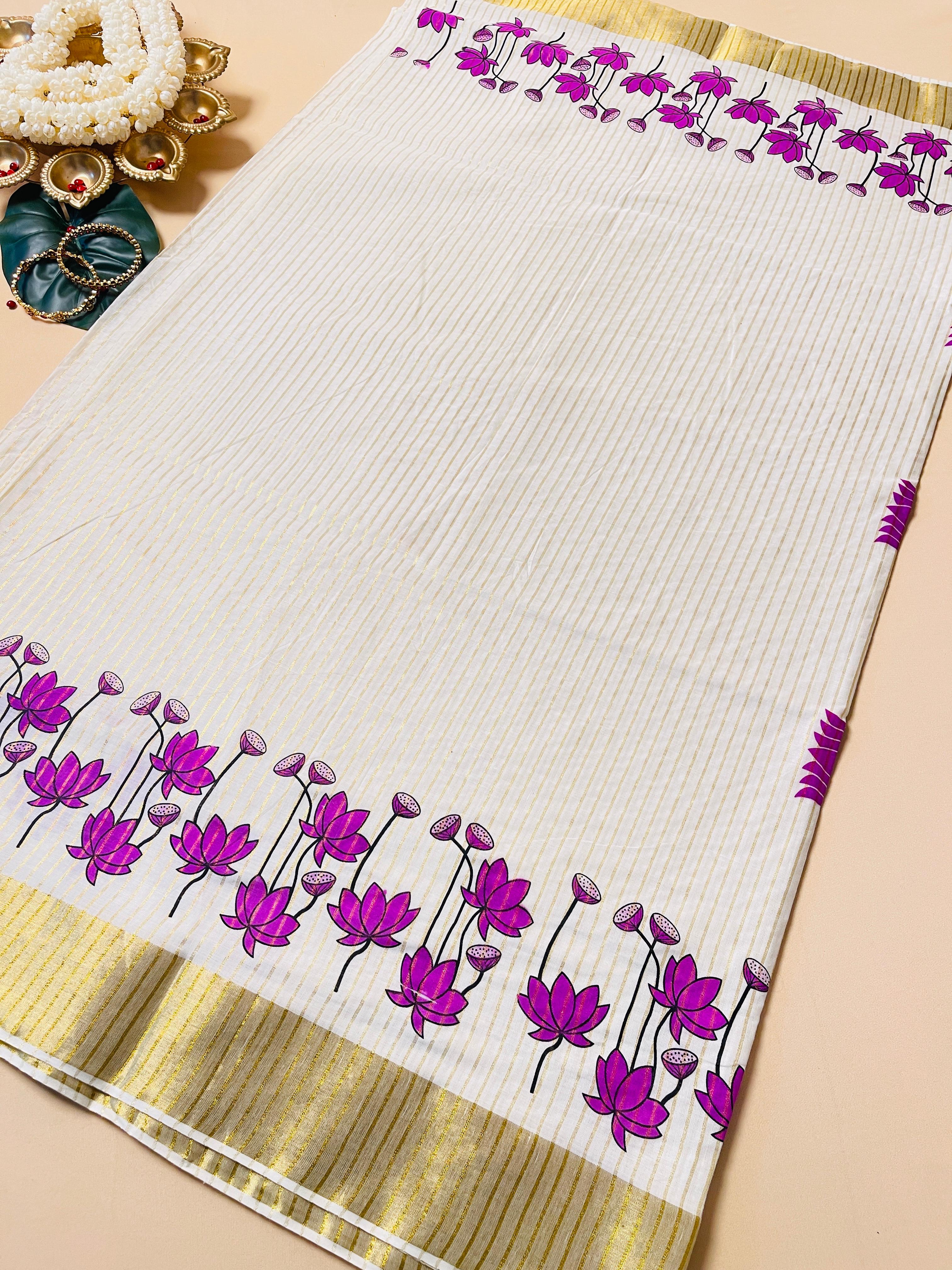 CHITHIRA Purple Lotus Motif & Gold Zari Border
