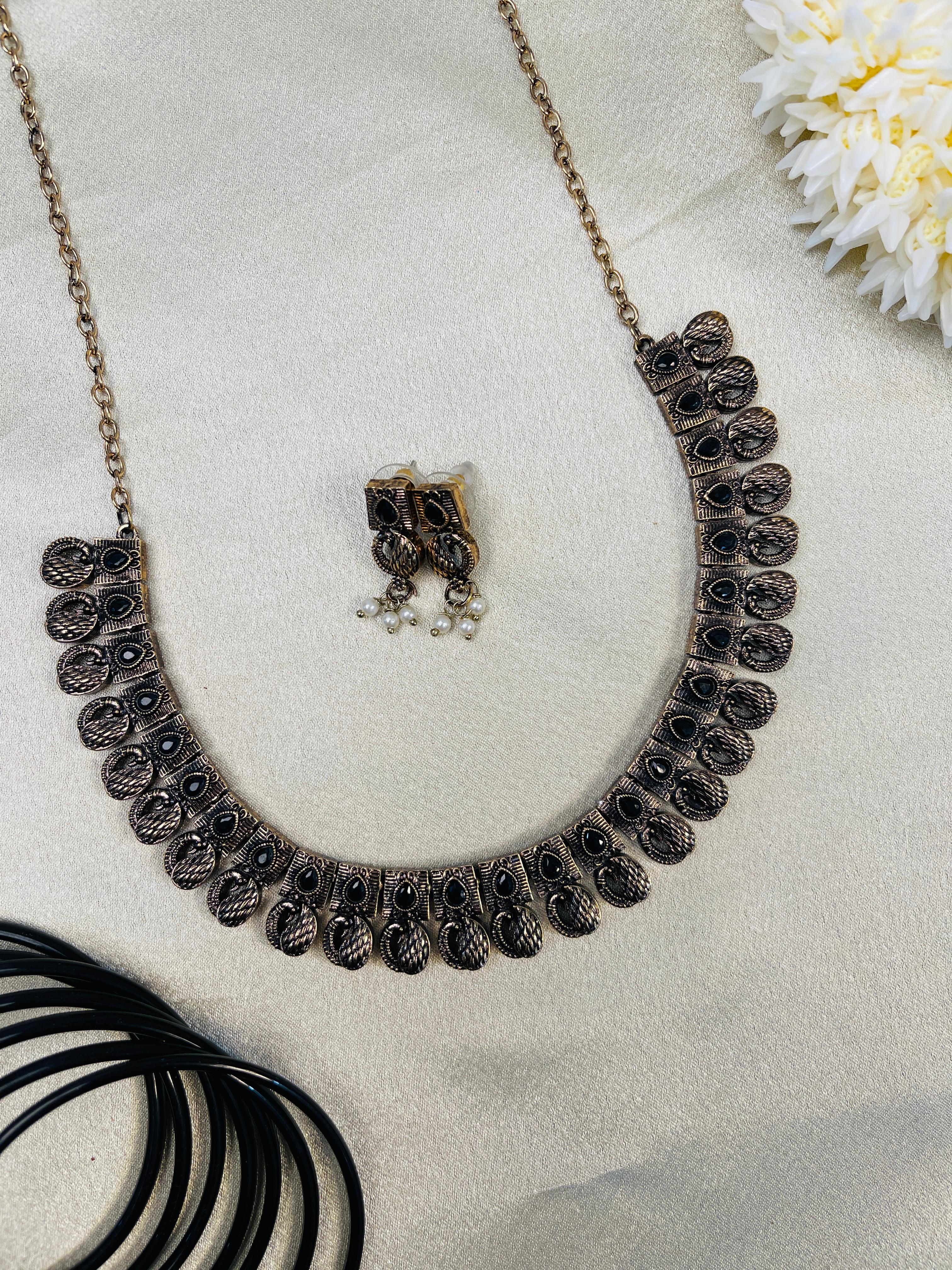 Antique Oxidized Black Stone Necklace Set with Earrings