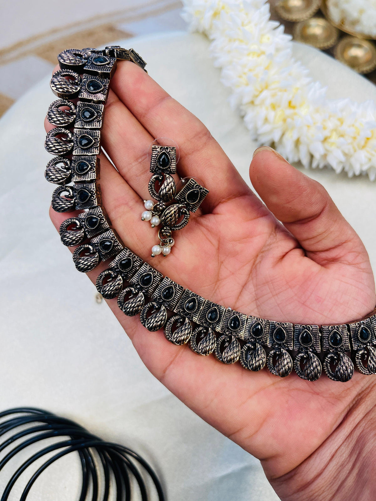 Antique Oxidized Black Stone Necklace Set with Earrings