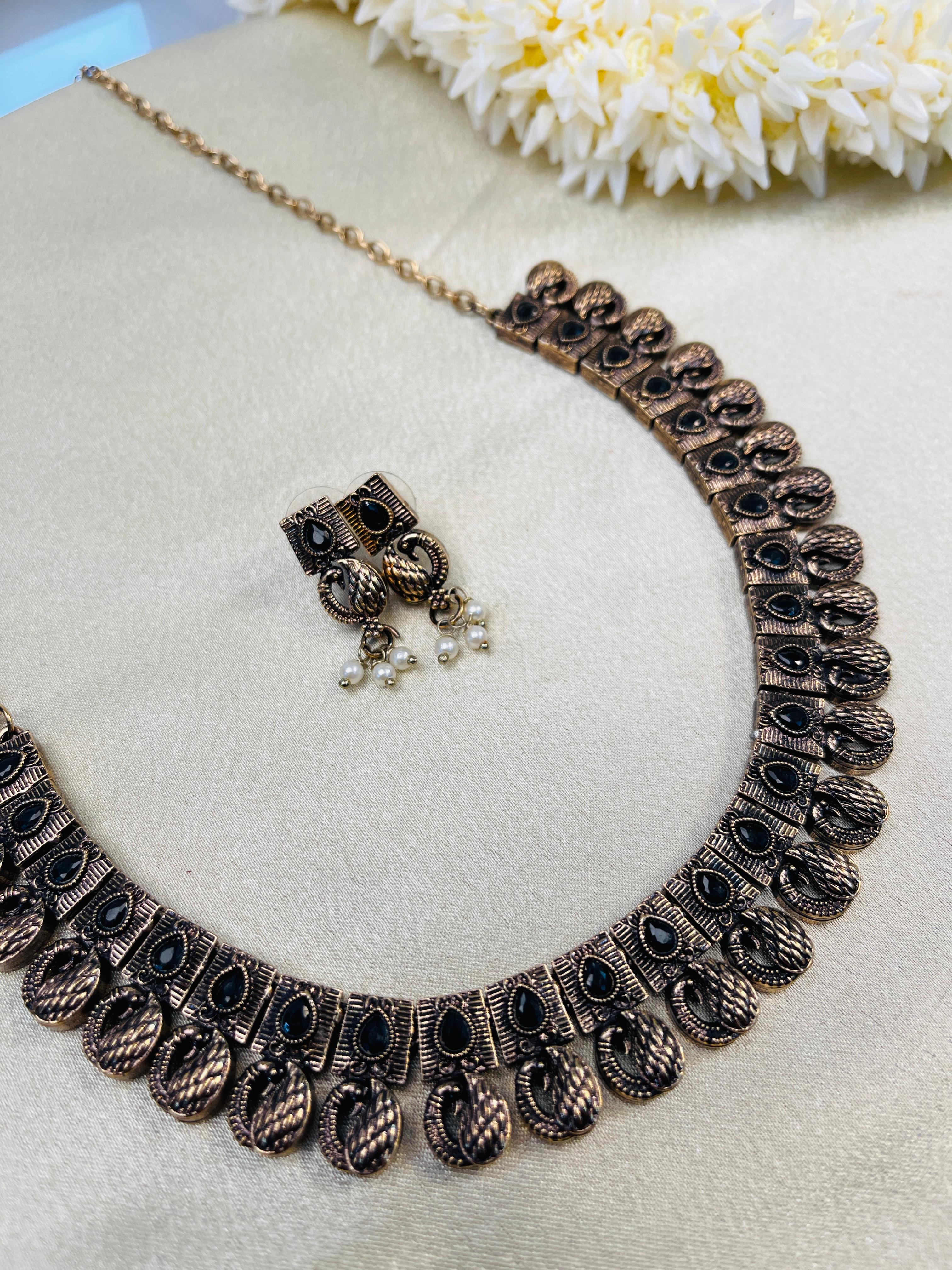 Antique Oxidized Black Stone Necklace Set with Earrings