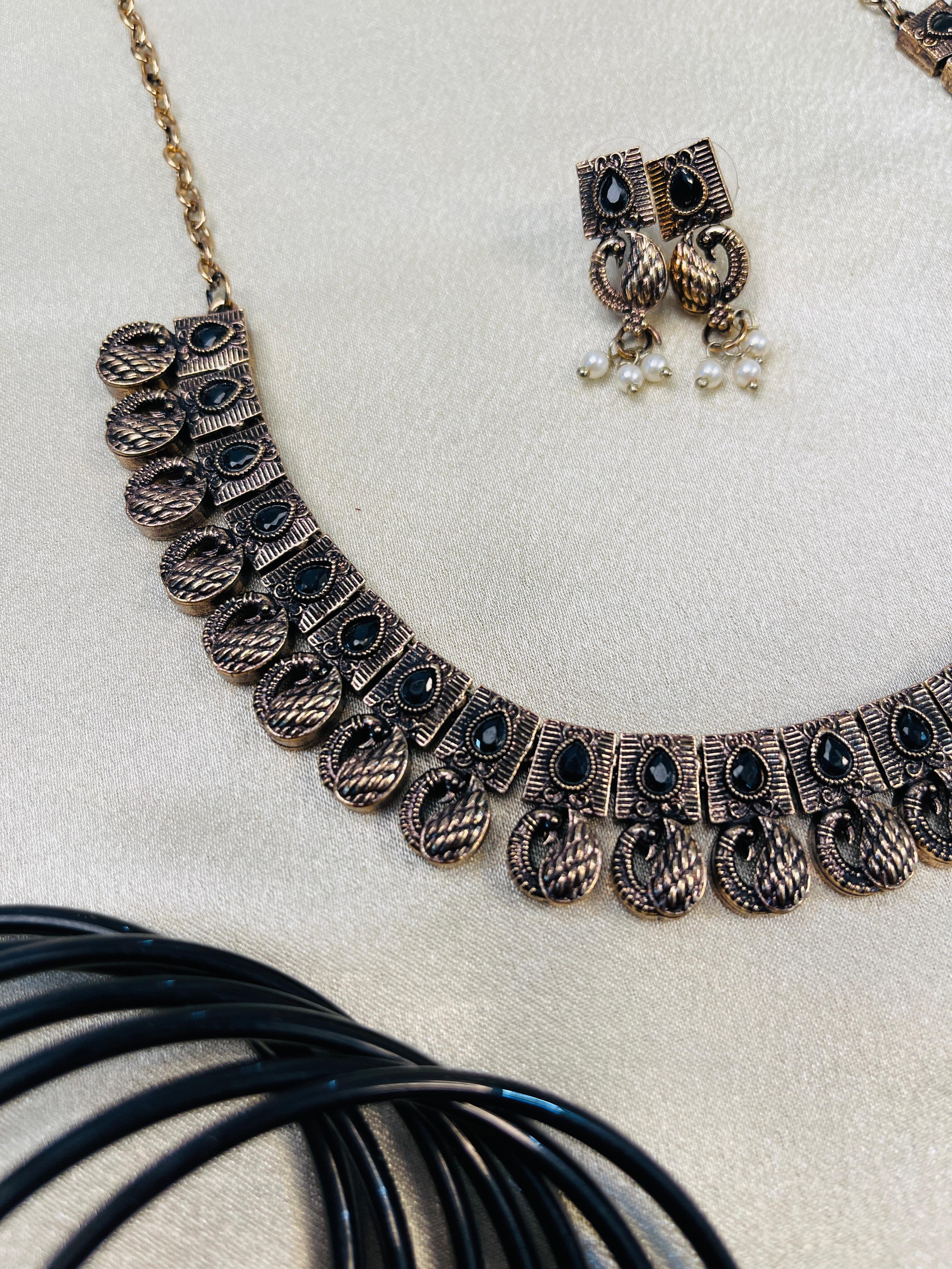 Antique Oxidized Black Stone Necklace Set with Earrings