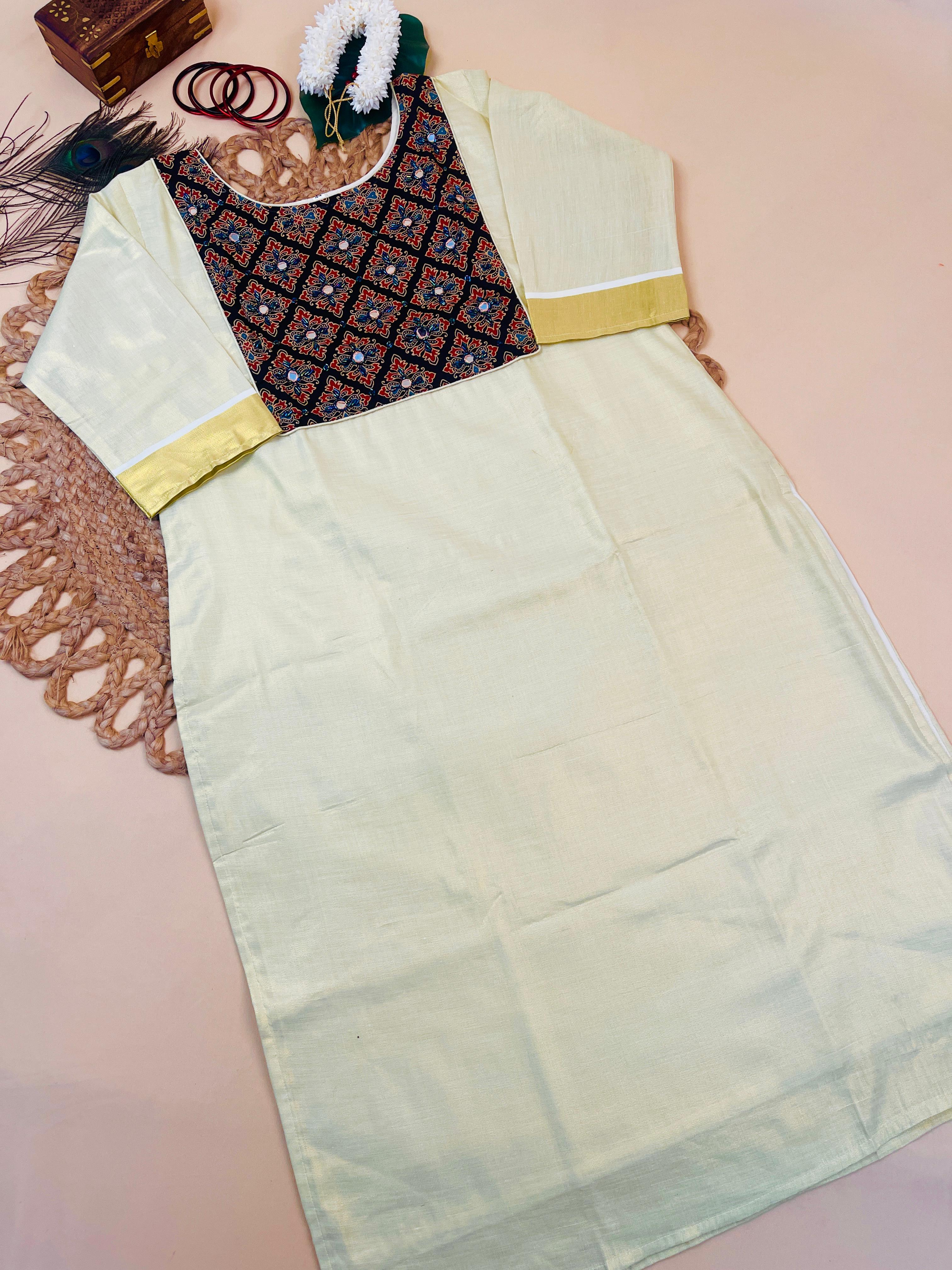 Onam Kurti with Mirror Work Kalamkari Yoke & Gold Sleeve Border