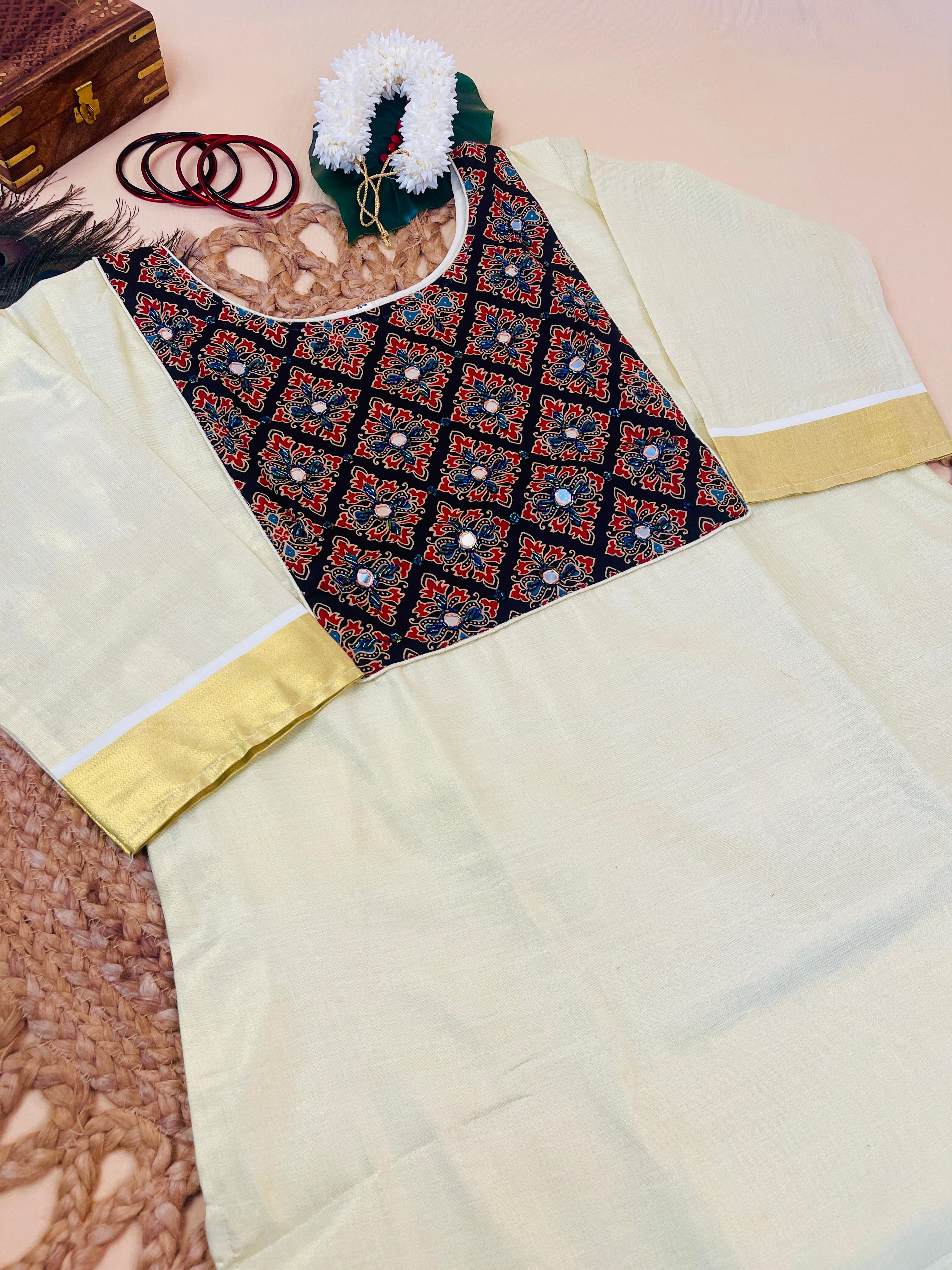 Onam Kurti with Mirror Work Kalamkari Yoke & Gold Sleeve Border