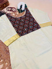 Onam Kurti with Mirror Work Kalamkari Yoke & Gold Sleeve Border