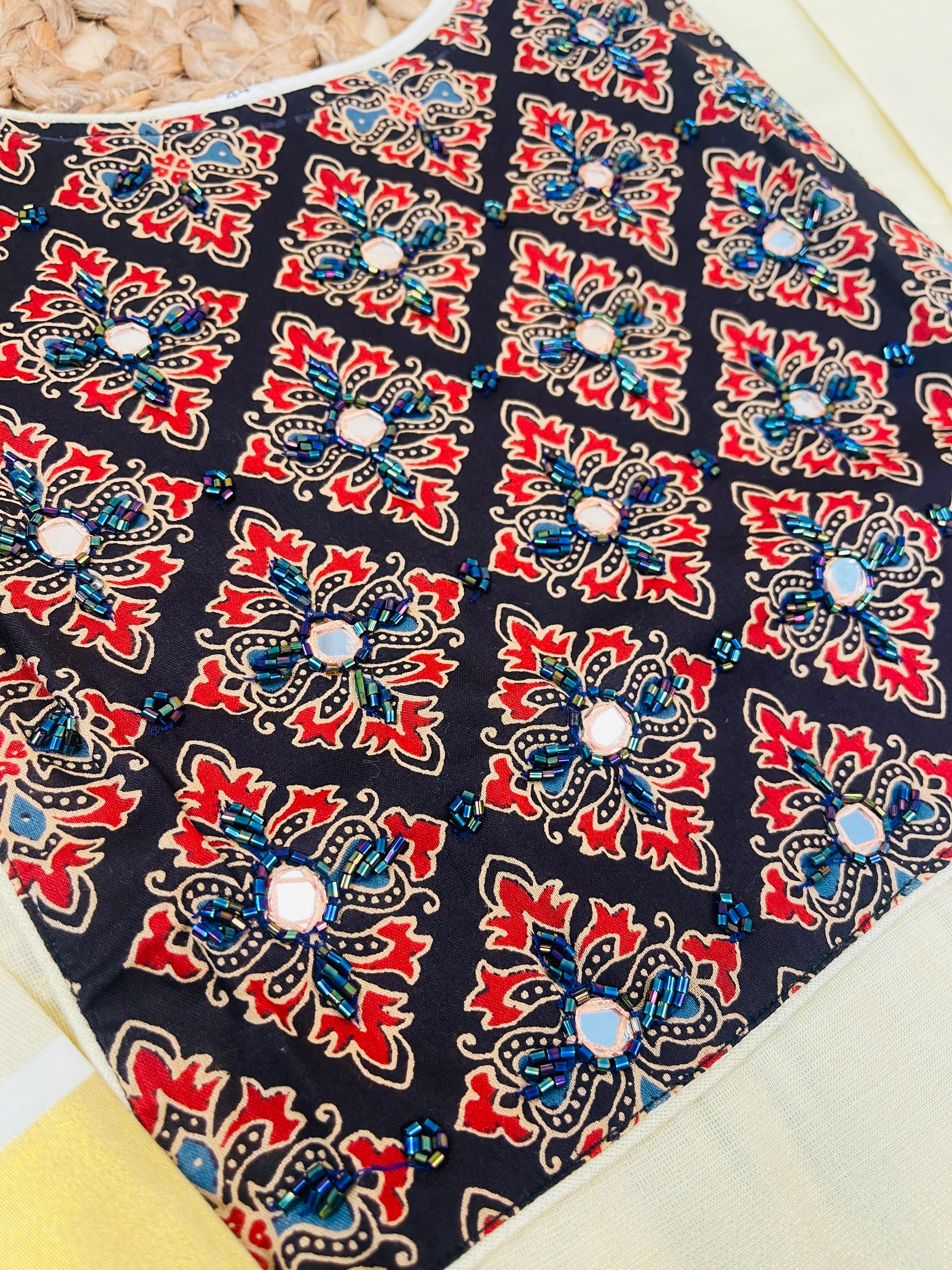 Onam Kurti with Mirror Work Kalamkari Yoke & Gold Sleeve Border