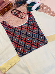 Onam Kurti with Mirror Work Kalamkari Yoke & Gold Sleeve Border