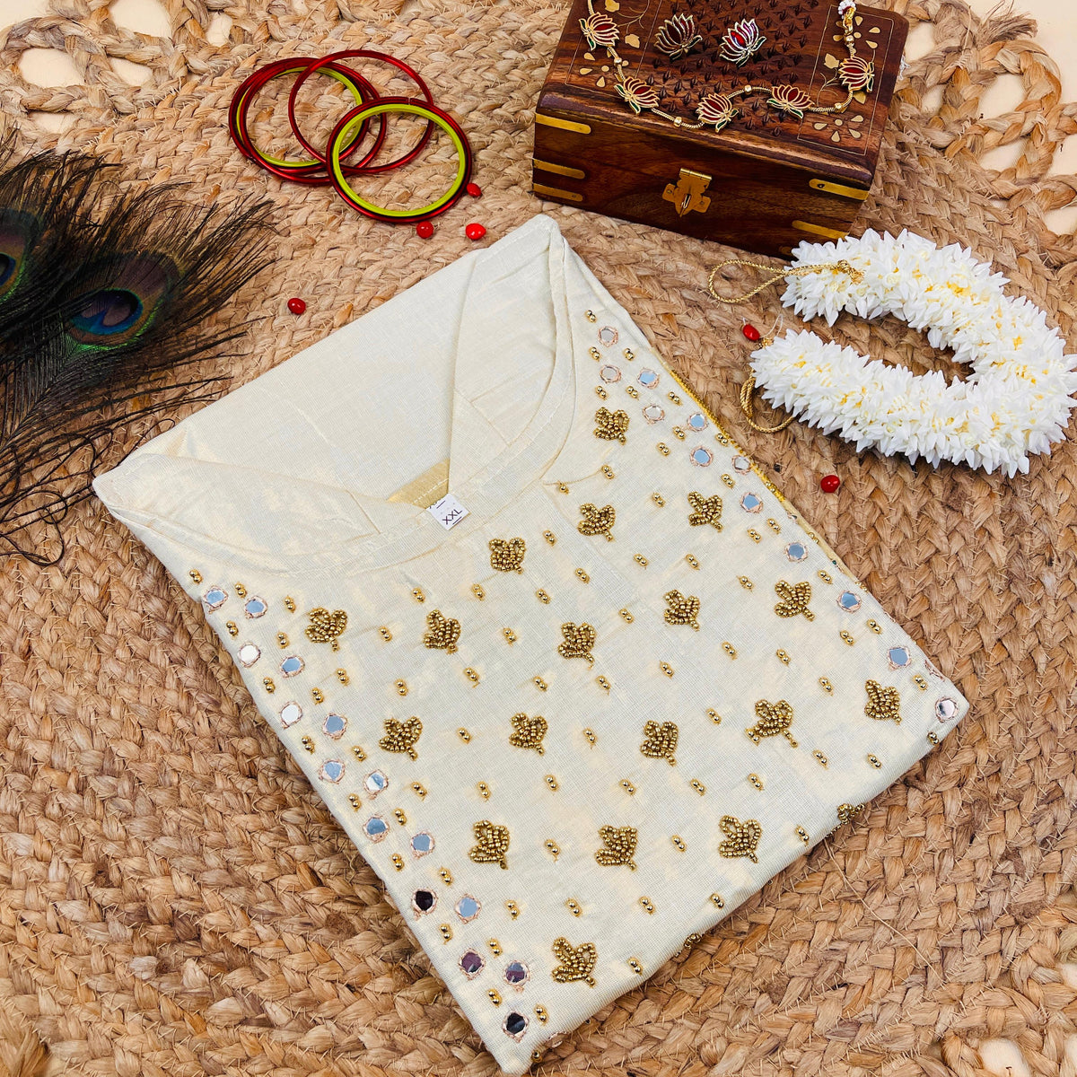 MADHURI Heavy Mirror Work Onam Kurti Top