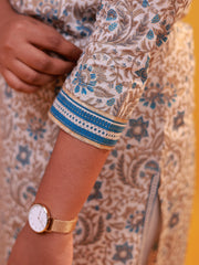 Blue and beige Floral Print Kurti and pant set with Embroidered Yoke Panel and keyhole neckline