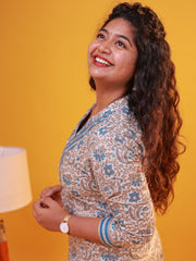 Blue and beige Floral Print Kurti and pant set with Embroidered Yoke Panel and keyhole neckline