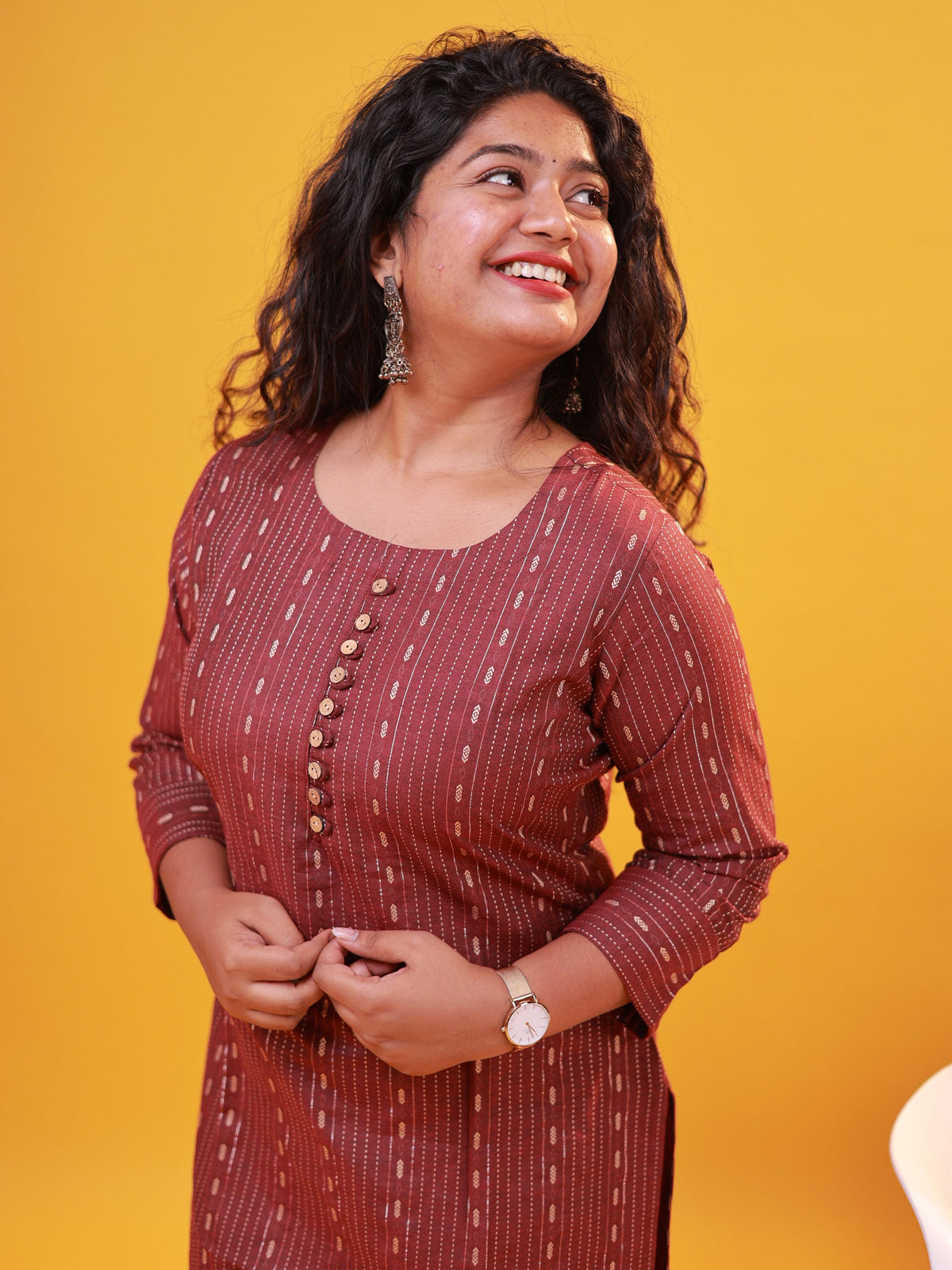 Maroon & Golden Striped Straight Kurti with Front Buttons.