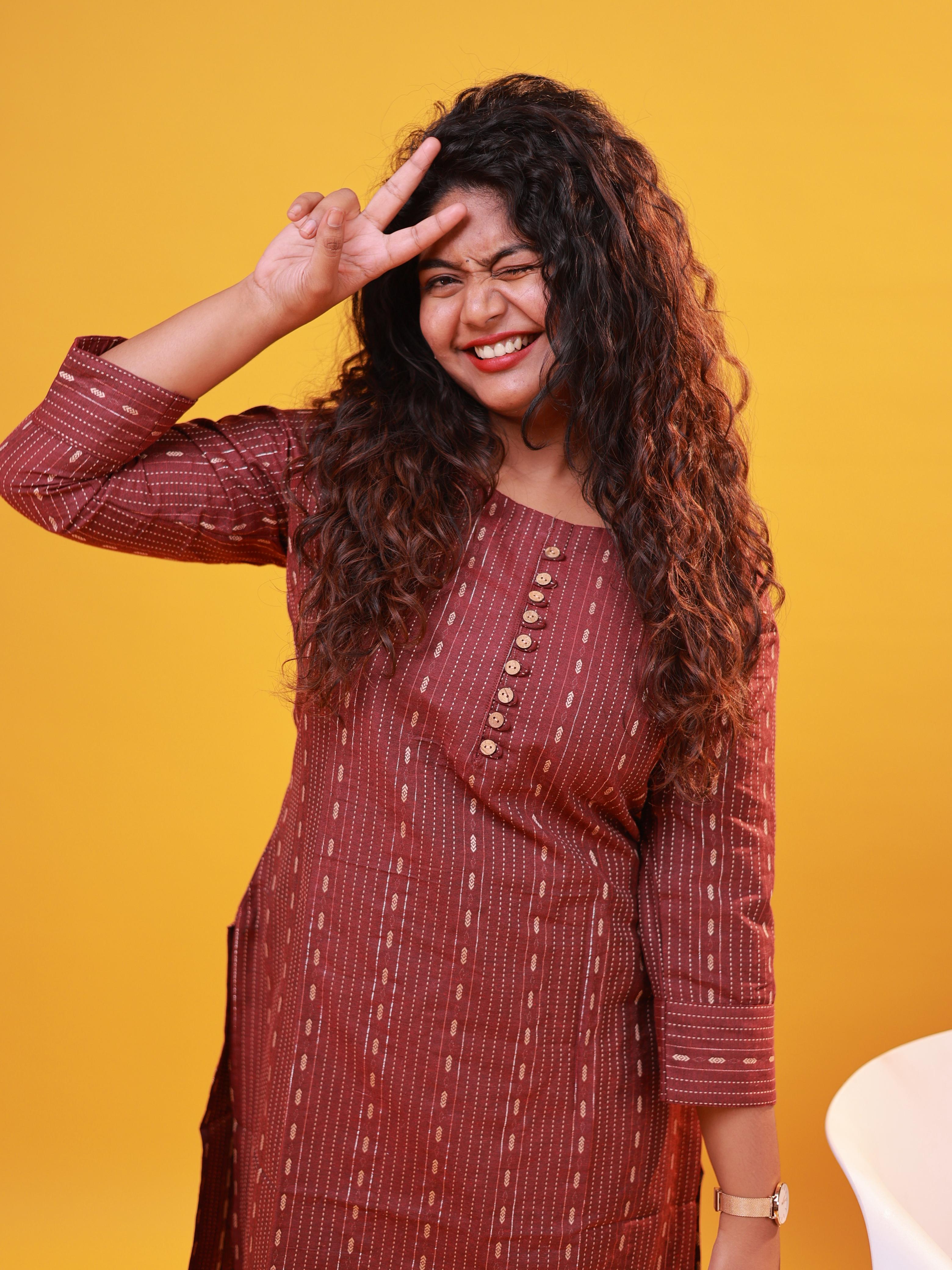 Maroon & Golden Striped Straight Kurti with Front Buttons.