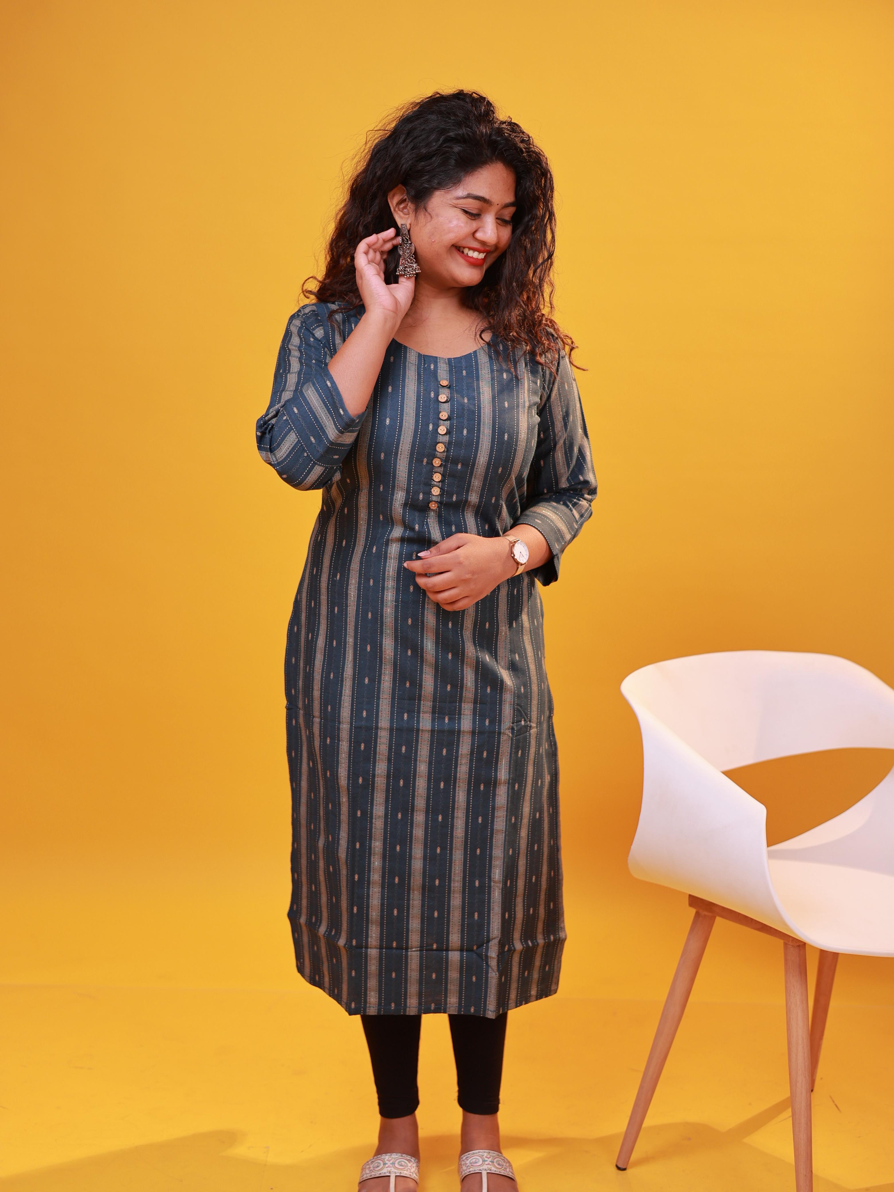 Blue & Golden Striped Straight Kurti with Front Buttons
