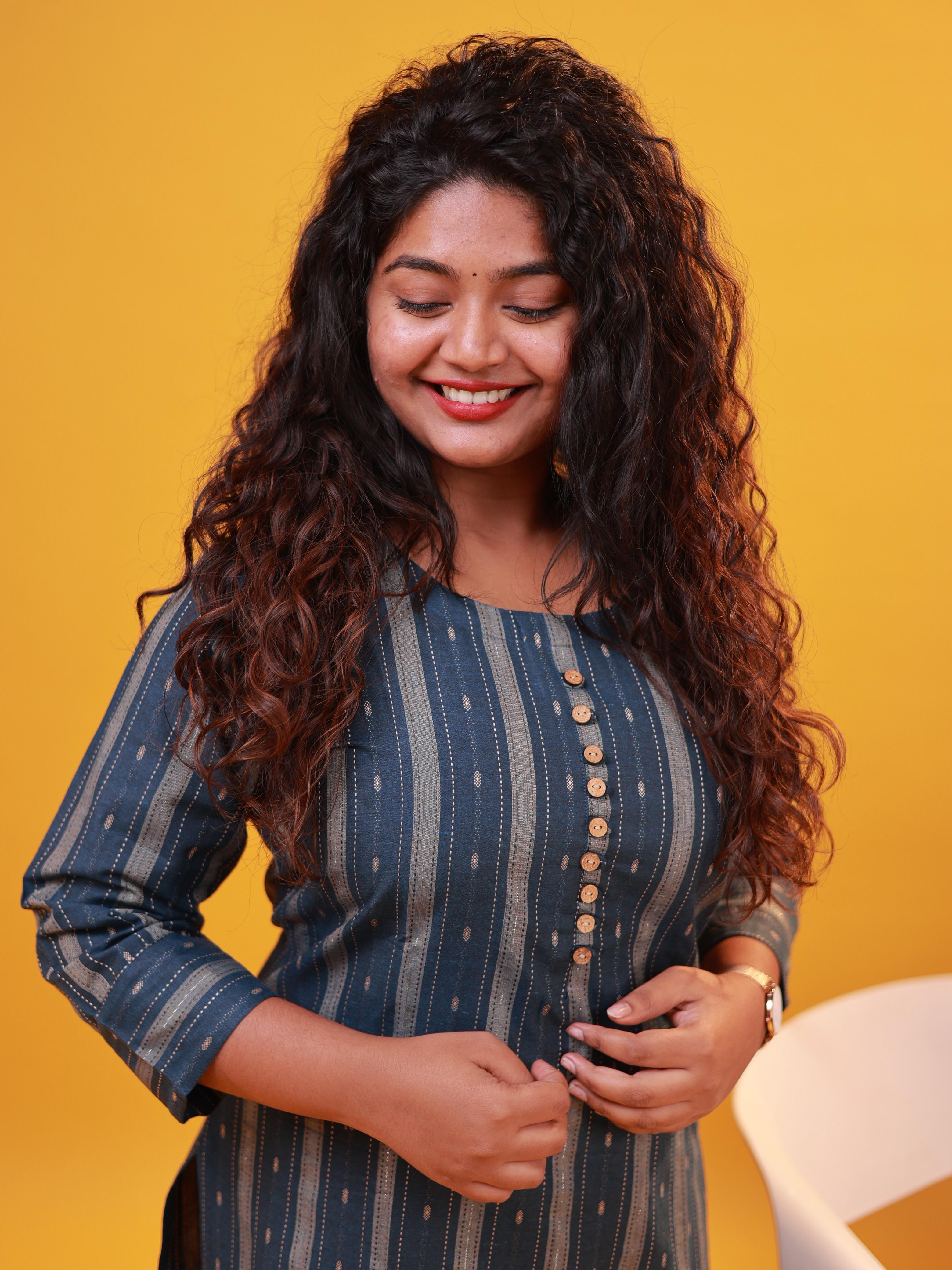 Blue & Golden Striped Straight Kurti with Front Buttons