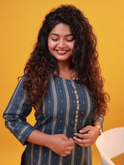 Blue & Golden Striped Straight Kurti with Front Buttons