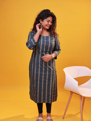 Blue & Golden Striped Straight Kurti with Front Buttons