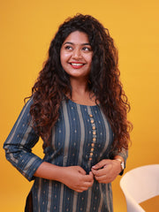 Blue & Golden Striped Straight Kurti with Front Buttons
