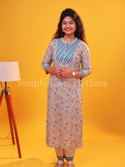 Blue and beige Floral Print Kurti and pant set with Embroidered Yoke Panel and keyhole neckline
