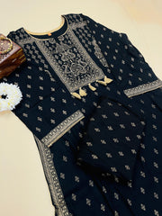 Black Gold-Printed Ethnic Kurta 2 piece Set with Tassel Detailing