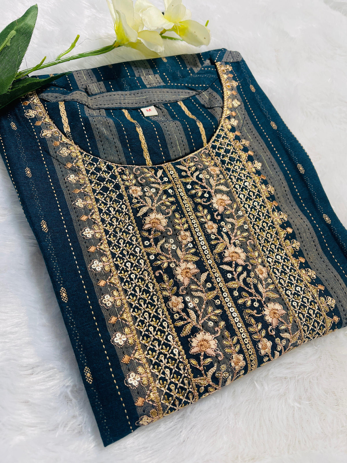 Elegant Blue Embroidered Striped Kurti