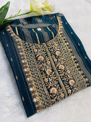 Elegant Blue Embroidered Striped Kurti
