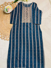 Elegant Blue Embroidered Striped Kurti