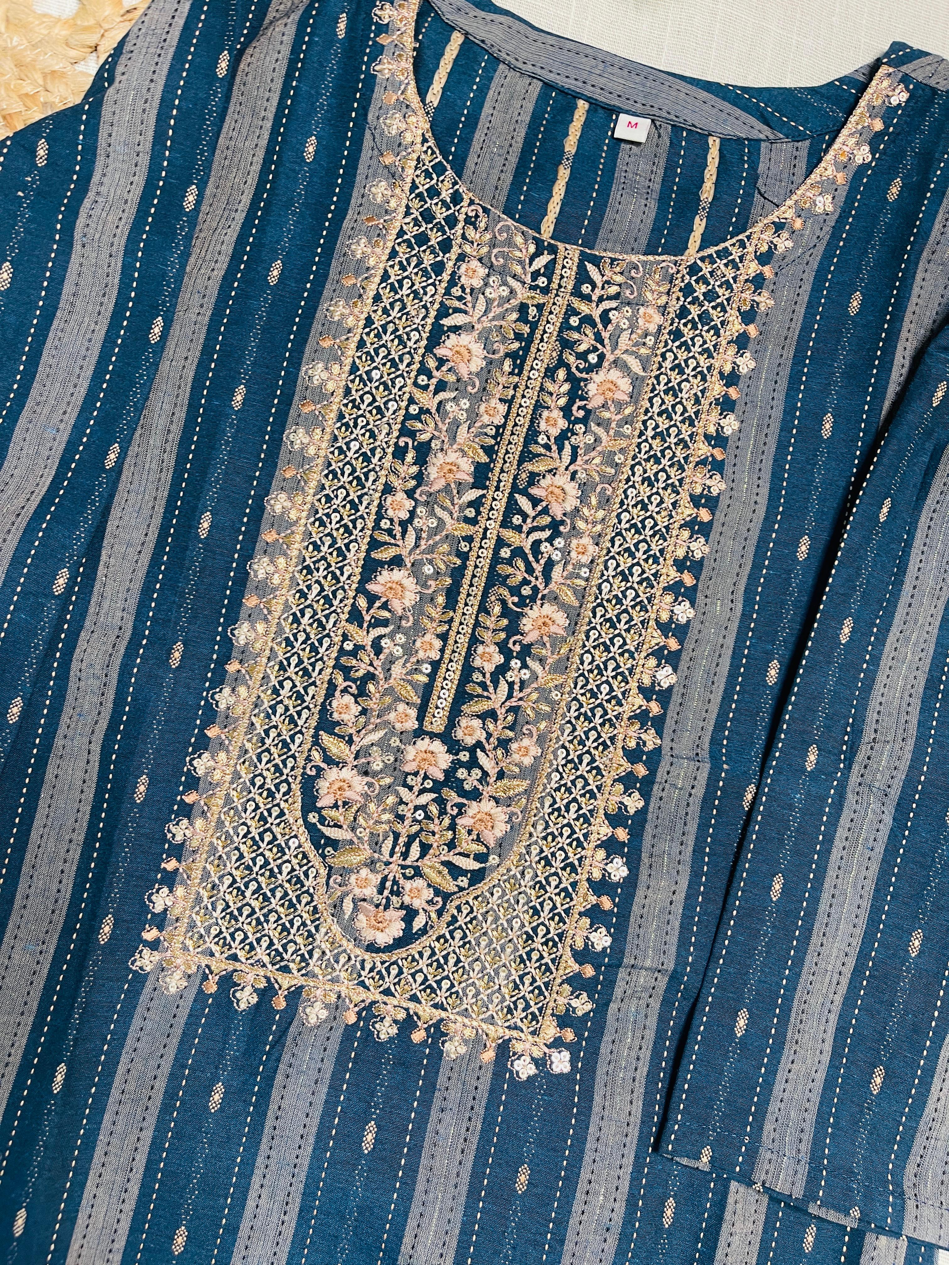 Elegant Blue Embroidered Striped Kurti