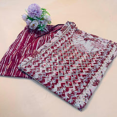 Maroon & White Printed Co-ord set with Embroidered Neckline