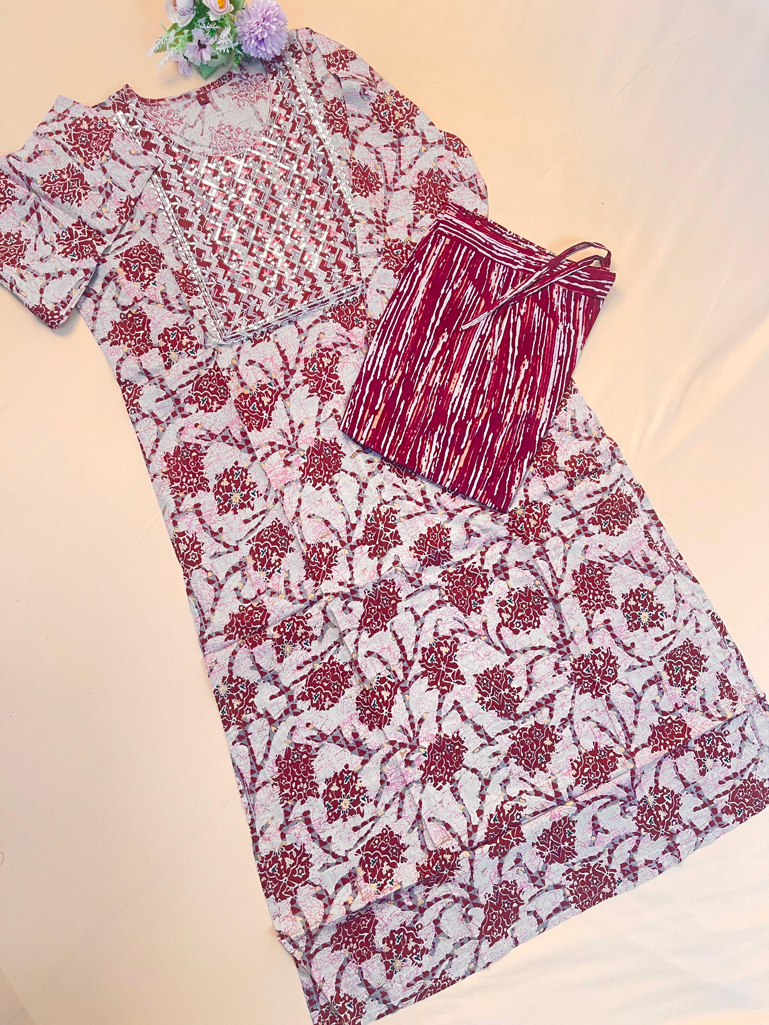 Maroon & White Printed Co-ord set with Embroidered Neckline