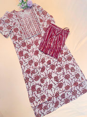 Maroon & White Printed Co-ord set with Embroidered Neckline