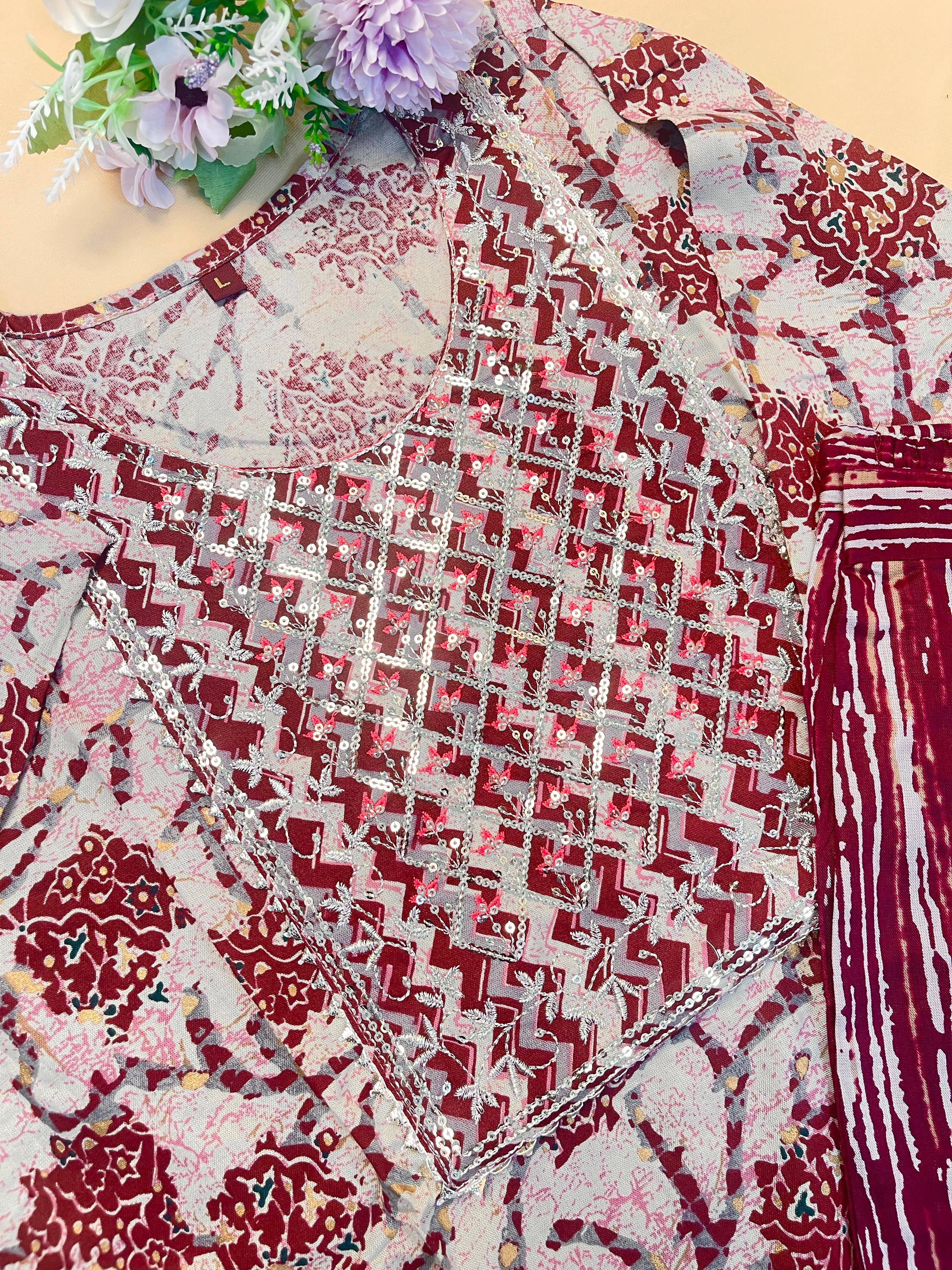 Maroon & White Printed Co-ord set with Embroidered Neckline