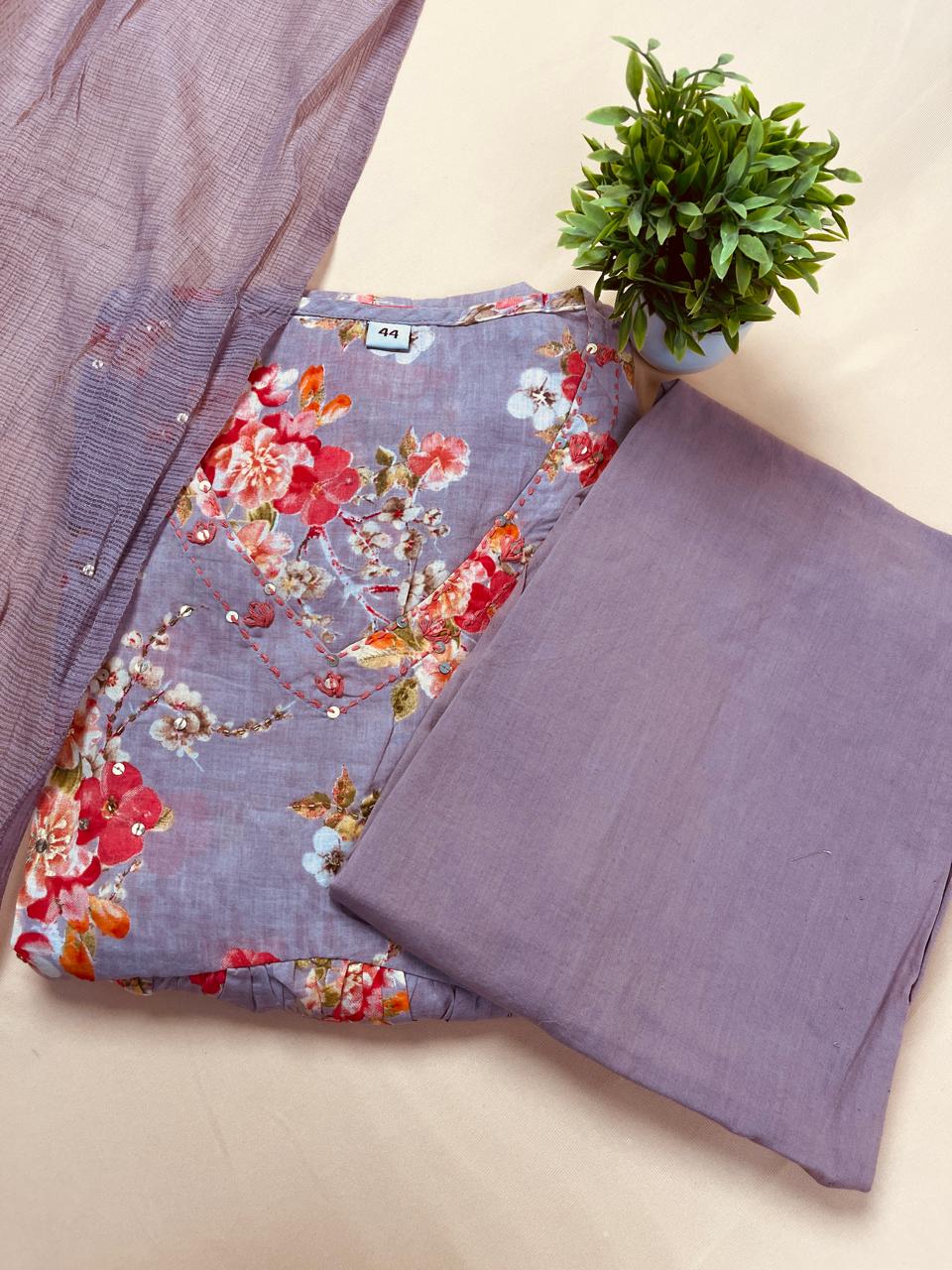 Purple Grey Floral Printed Anarkali Suit Set