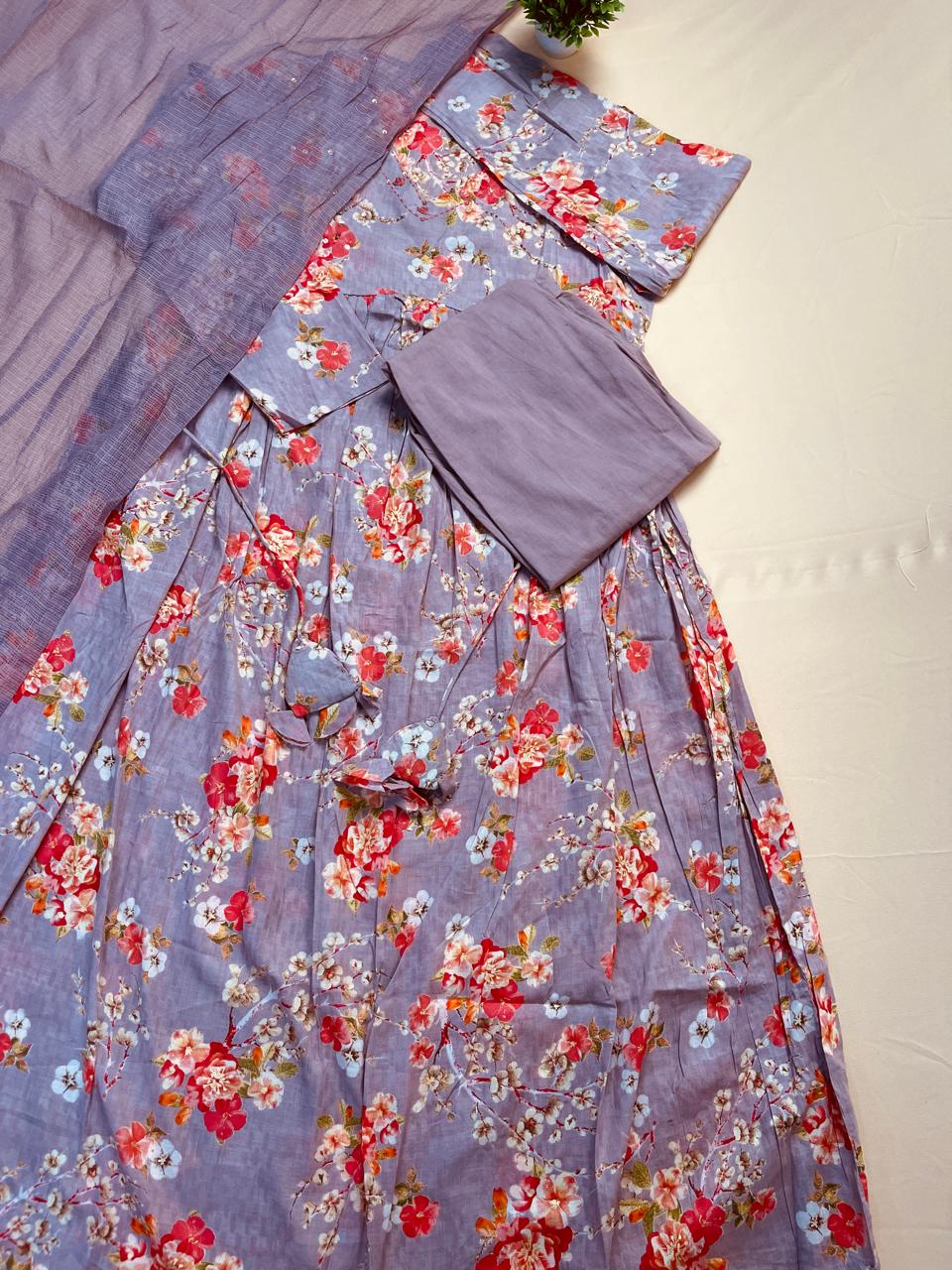 Purple Grey Floral Printed Anarkali Suit Set