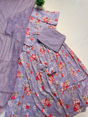 Purple Grey Floral Printed Anarkali Suit Set